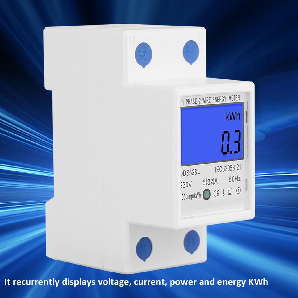 5 32A 230V 50Hz LCD Backlight Single Phase Energy Meter Watt KWh Meter DIN Rail Mounting
