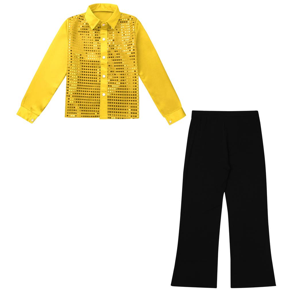 Boys Jazz Dance Shirt Long Sleeve Button Down Glittery Sequined Design Stage Performance Top