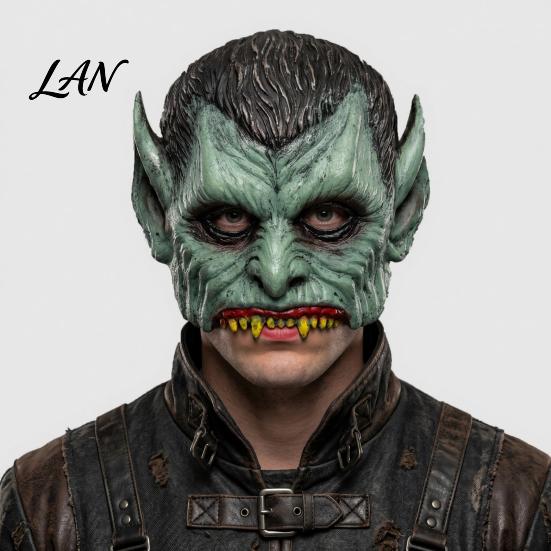 Creepy Halloween Costume Accessory Green Vampire Mask, Half Face Mask with Pointy Ears & Sharp Teeth, Retro Realistic Horror Distressed Party