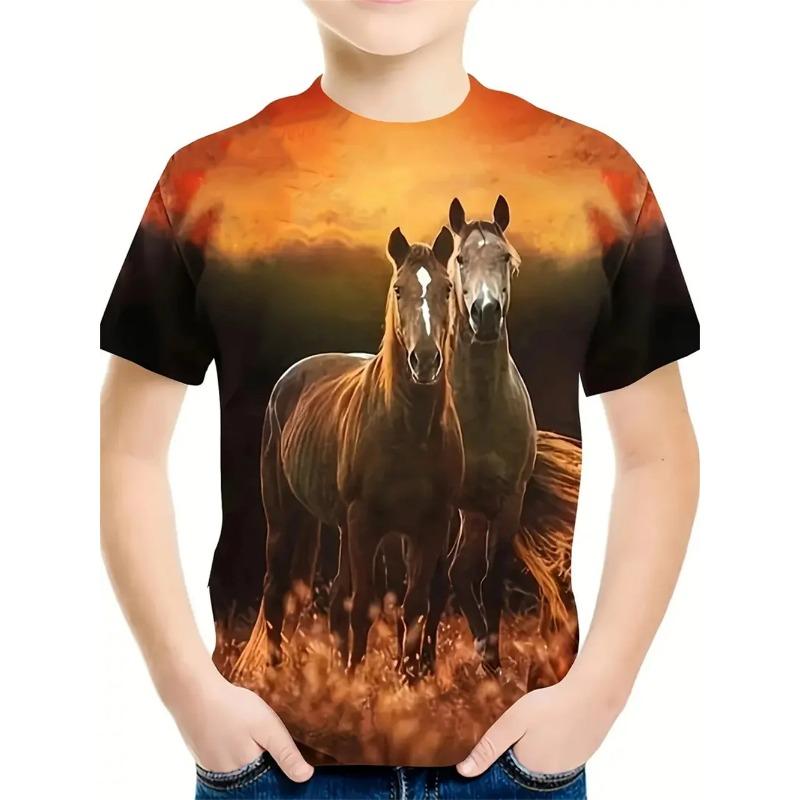 

2025 Детская футболка с новым принтом в виде лошади и животного, футболки для мальчиков и девочек с 3D-принтом, модные футболки с коротким рукавом 170 небесно-голубой