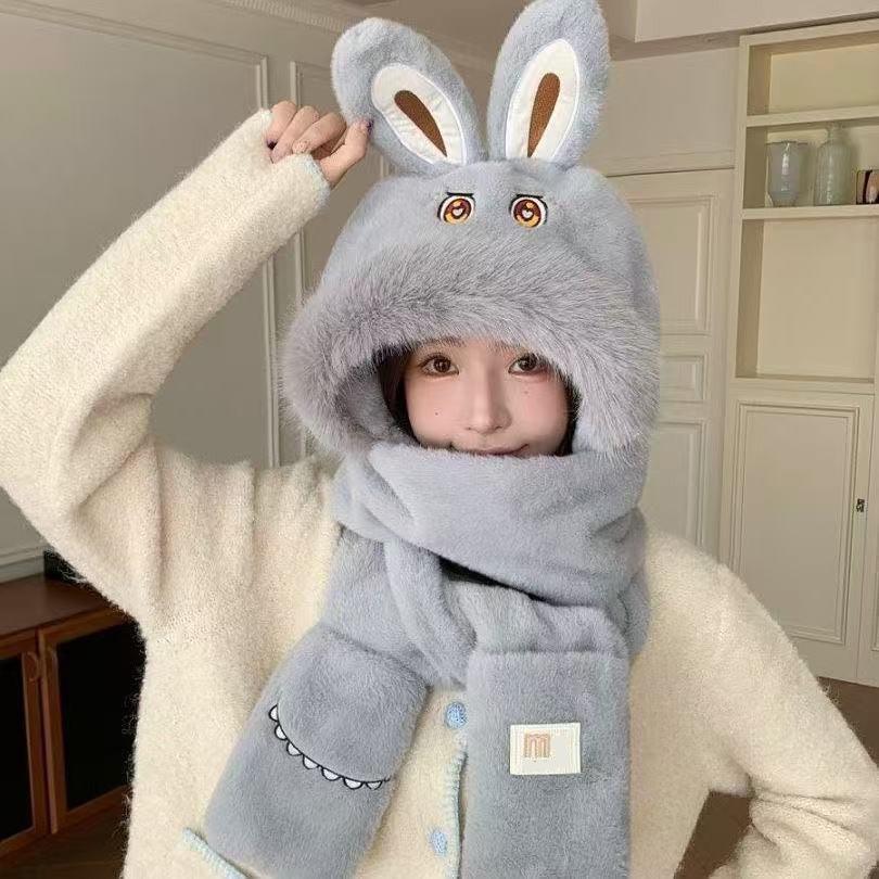 Women's Winter Plush Hat, Scarf & Gloves Set with Cute Rabbit Ear Snood