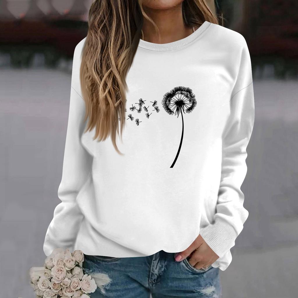 Mote for kvinner, avslappet langermet ensfarget trykket genser med rund hals