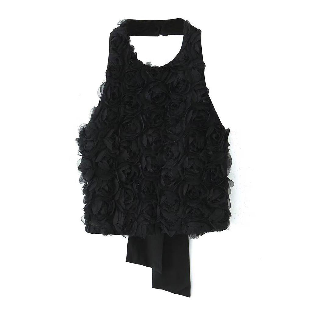 Spring 2025 Women's European & American Style 3D Floral Slim Backless Halter Top