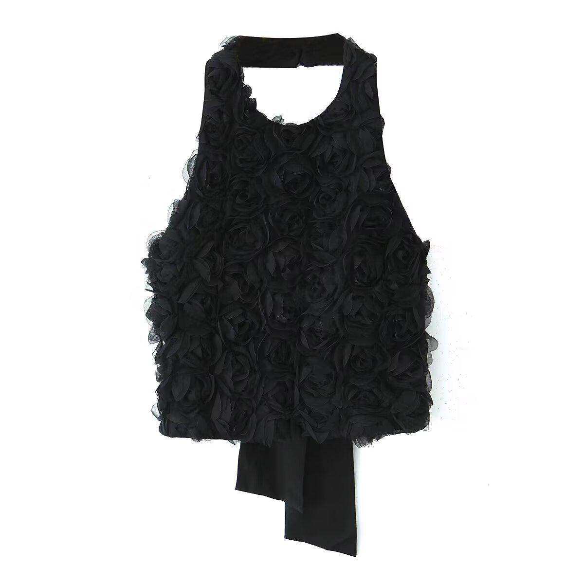 

Весна 2025 Женский Европейский и Американский Стиль 3D Цветочный Облегающий Топ Халтер с Открытой Спиной Extra Small чёрный