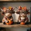 Fall Decorations 2PCS Autumn Highland Cow Ornament, Thanksgiving Day Theme Wooden Decoration, with Woodcraft Decor Exquisite Details Figurine,
