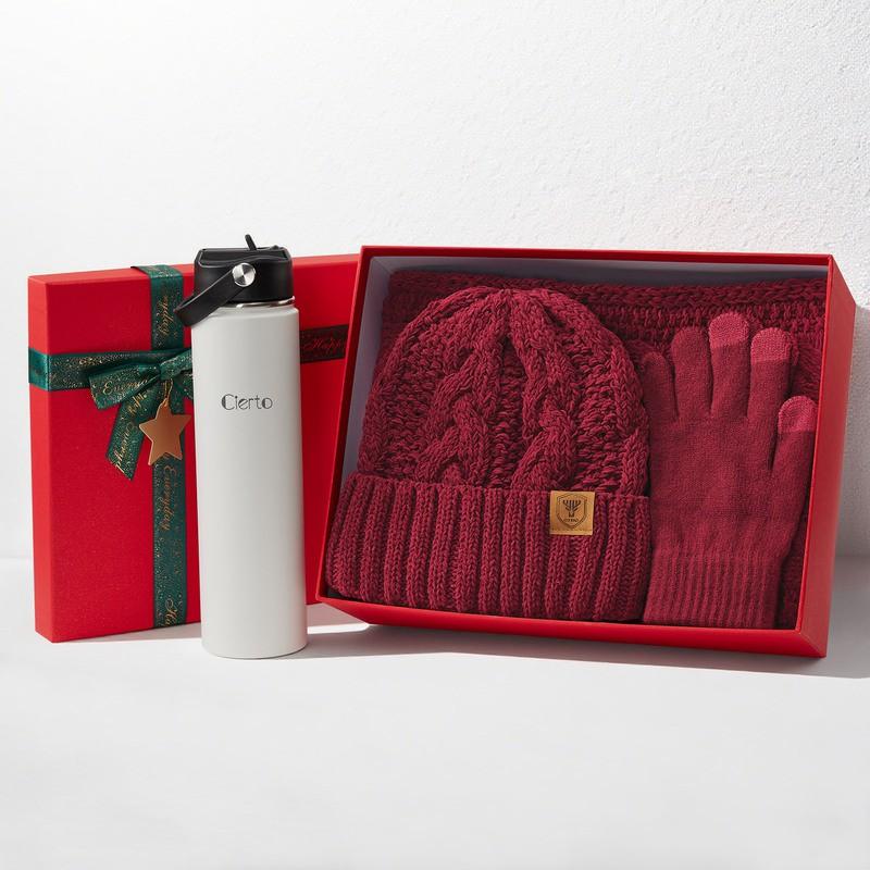 Winter Knit Hat Scarf Gloves Set With Insulated Thermos Cup Gift Box Christmas New Employee