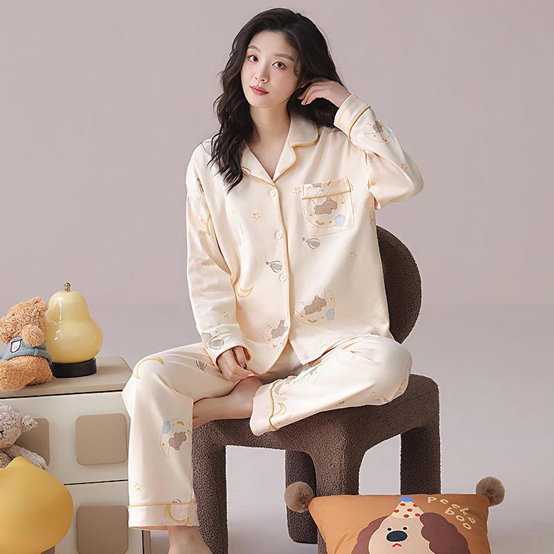 Women s Korean Style Blue Plaid Pajama Set - Cute Dog Design, Pure Cotton, Long Sleeve Cardigan & Pants for Autumn/Winter. Extra Large