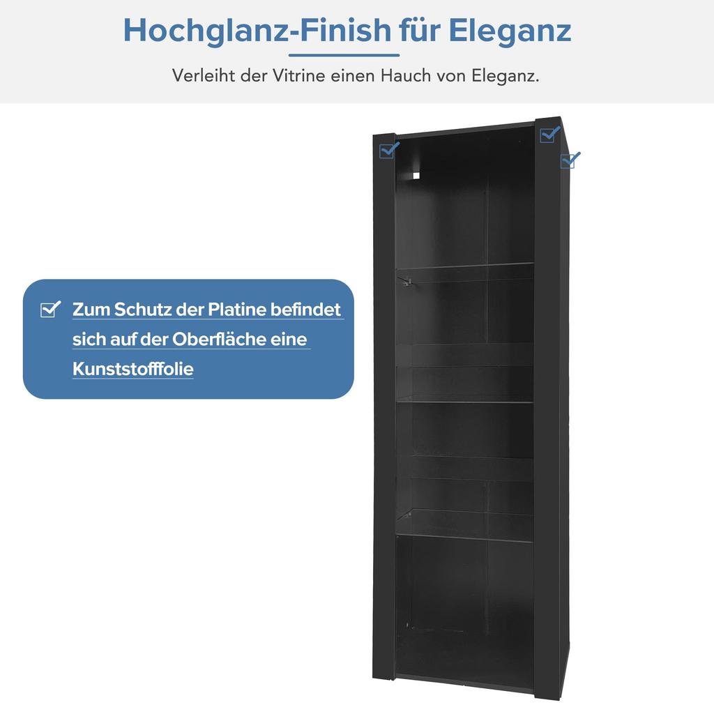 Display Cabinet Highboard 3 Glass Shelves, Modern Glass Display Cabinet, Black High Gloss Front, Free-Standing Display Cabinets, Living Room Office Kitchen, Open Storage, 55x38x166cm