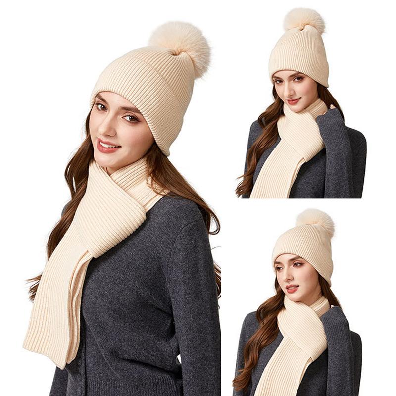 Knitted Hat Scarf Set Women's Autumn Winter Thick Fur Ball Wool Hat Outdoor Ear Protection Warm Hat