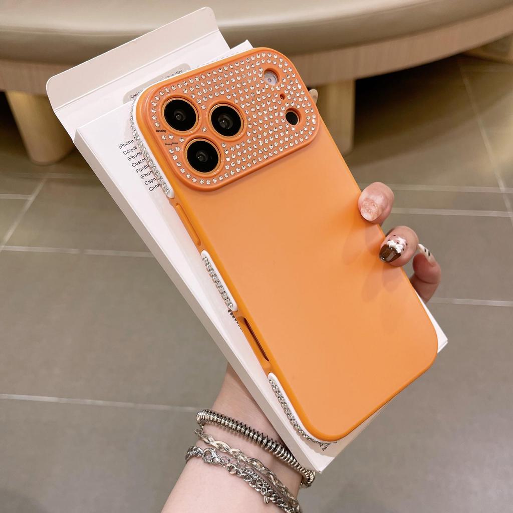 Compatible Apple 17 Pro Solid Color Rhinestone Lens Case for iPhone 16, Anti-fall Protective, Special Side Rhinestones.