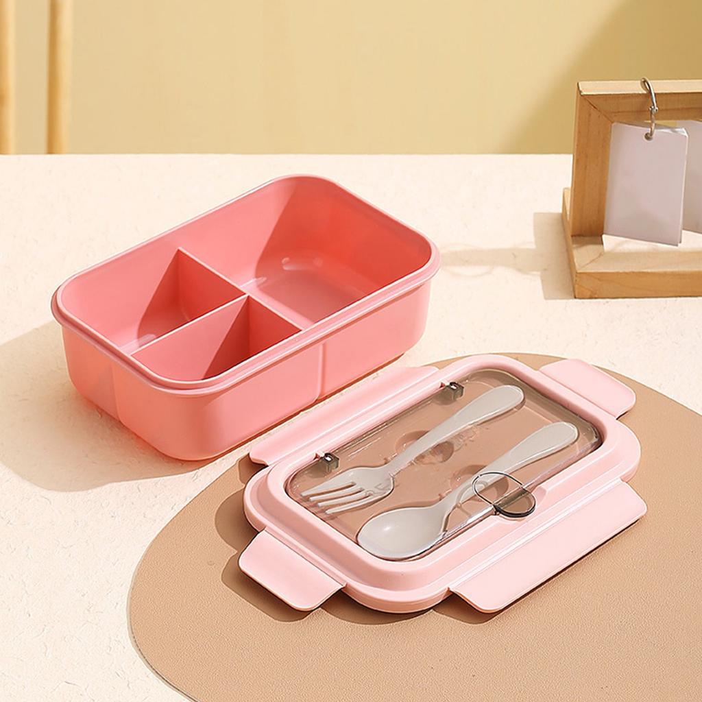 Microwaveable  Portable  Sealed and Insulated 3 Compartment Lunch Box with Fork and Spoon  Pink  Suitable for Students and Office Workers