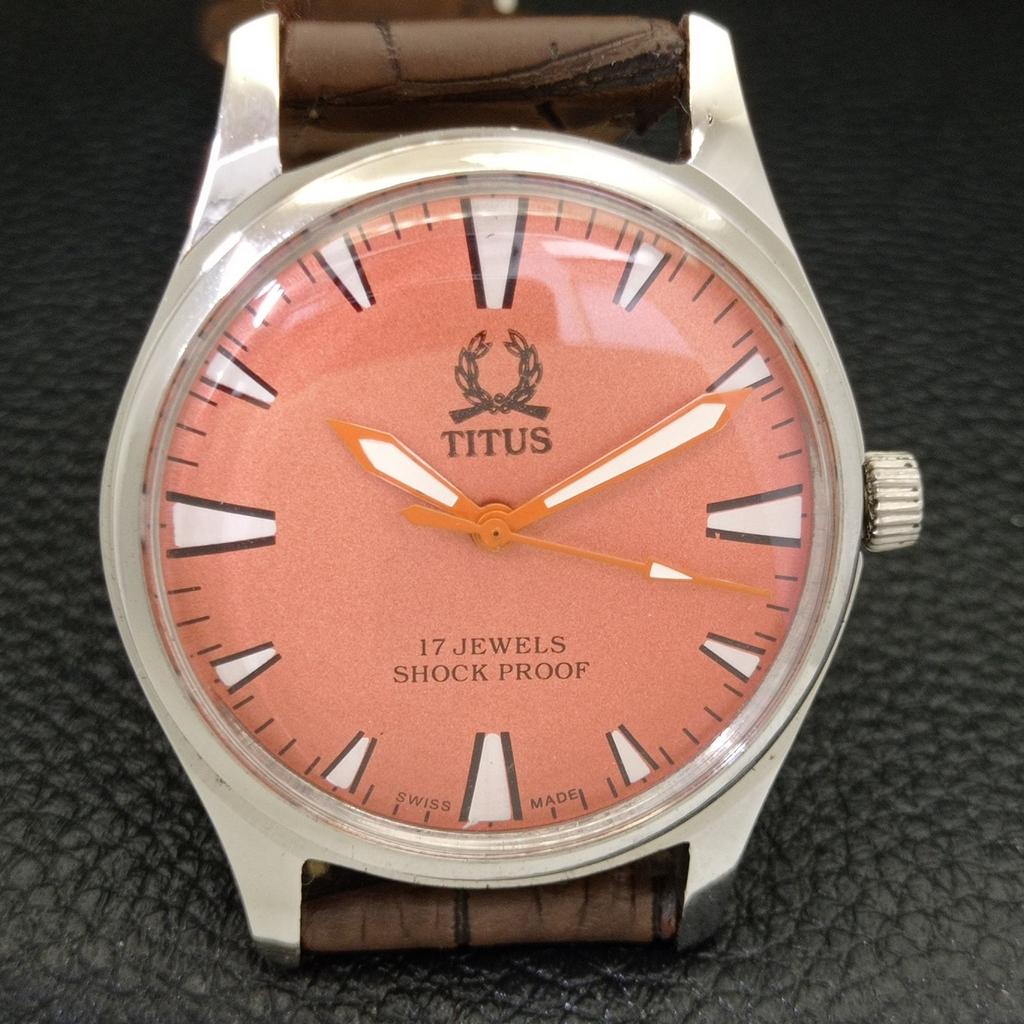 HAND-WINDING VINTAGE TITUS SWISS MENS REFURBISHED PEACH DIAL WATCH A500064-2 R151a-a500064