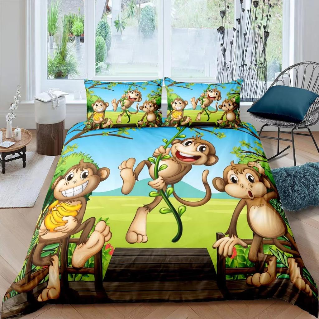 Monkey Duvet Cover Set Cute Monkey Around The Tree Print Bedding Cartoon Animal Comforter Cover  Kid And Teen Room Duvet Covers