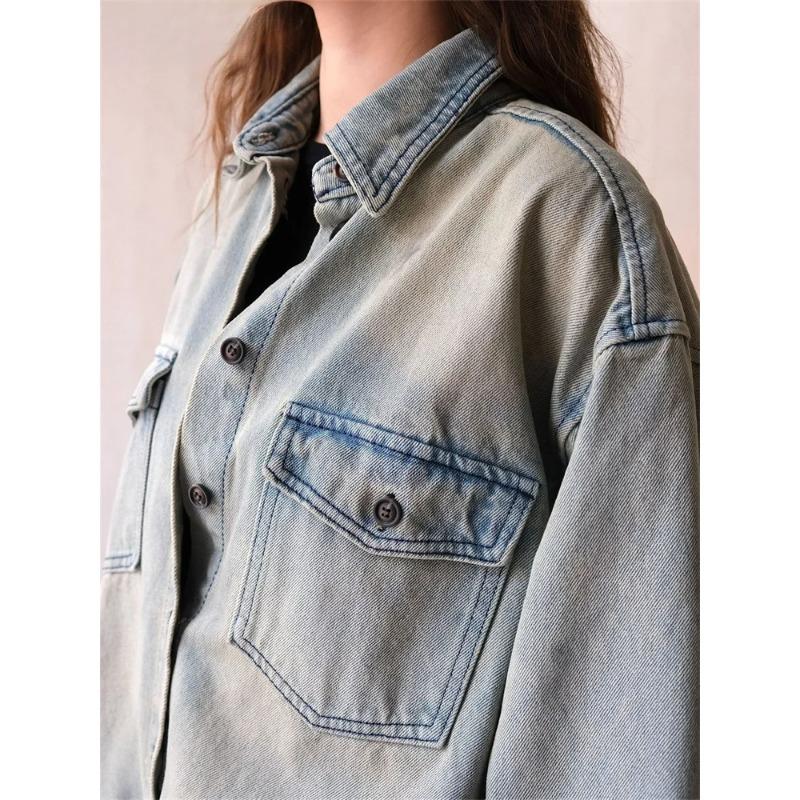 Chemise Cowboy Silhouette Bleu Vieux Délavé Automne Femmes Ample Décontractée Simple Boutonnage Manteau en Denim