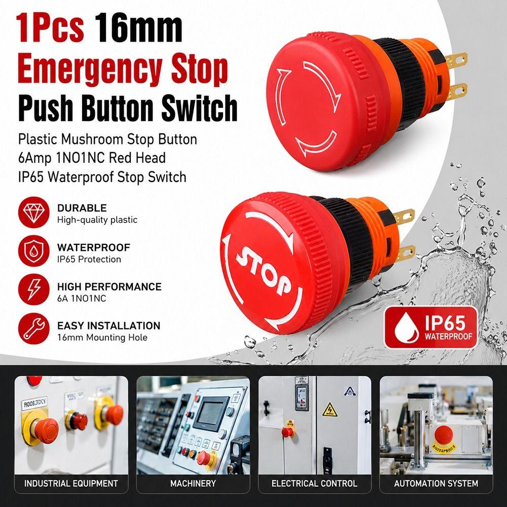 1Pcs 16mm Mushroom Emergency Stop Switch Mushroom Stop Button  for Emergency Stop Control