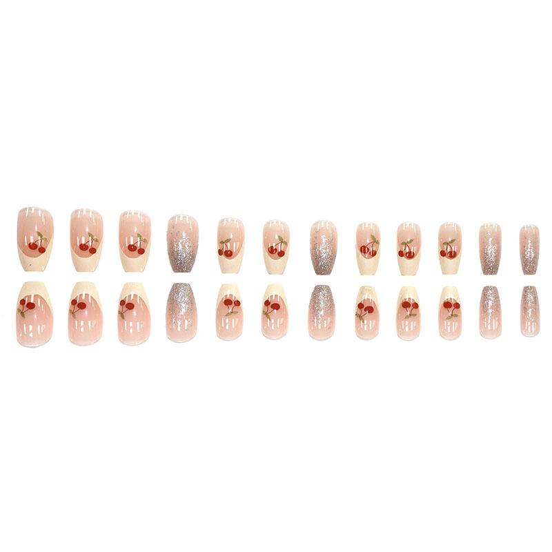 

24 шт. Французские вишневые блестящие накладные ногти с желеобразным клеем, съемные, полное покрытие, накладные искусственные ногти