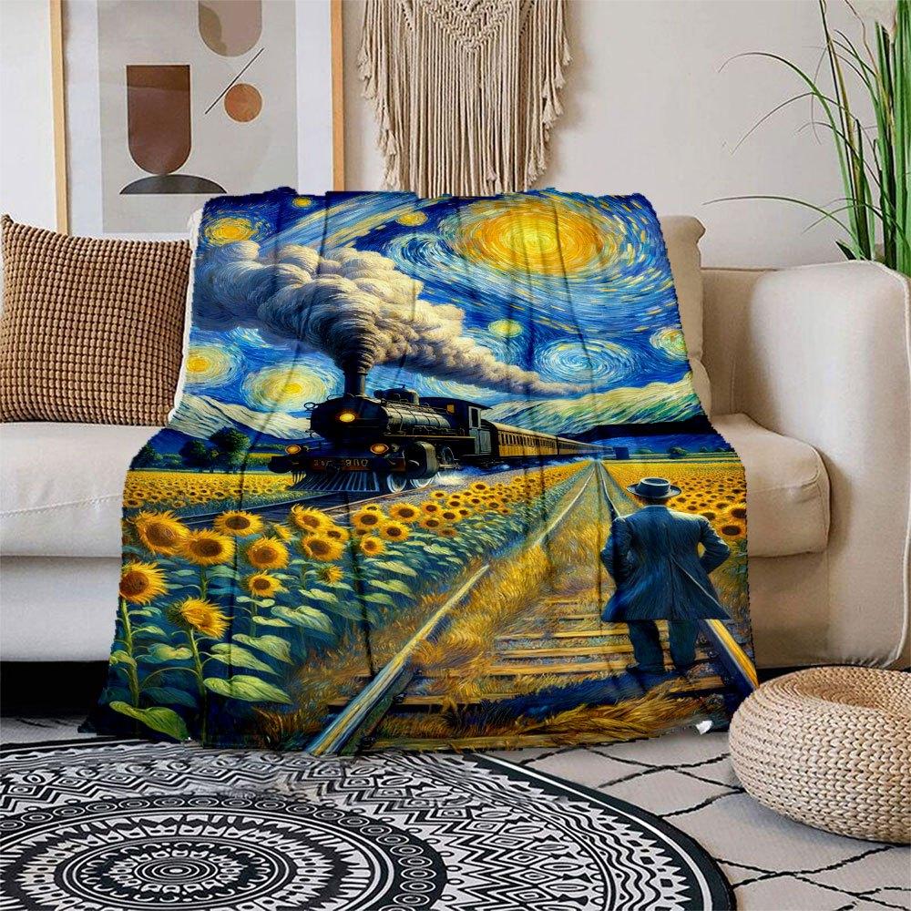 

Starry Night Train Adventure: Van Gogh-Inspired Sunflower Field Poster Blanket Flannel Throw Blanket for Sofa, Bed, Travel, Camping, Office 100x150cm