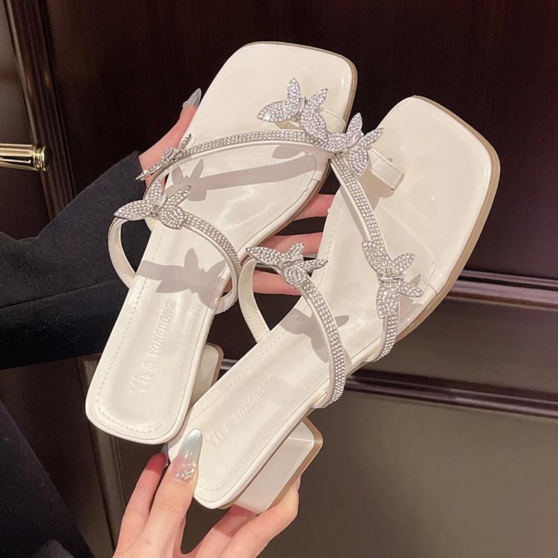 Fashion 2025 Fashion Silver Crystal Sandals Women Rhinestone Butterfly Thick Heel Sandles Woman Summer Med Heeled Party Shoes Female