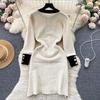 Autumn Women O Neck Long Sleeves Buttons Chain Pockets Knitted Sweater Dress Elegant Skinny Sheath Bodycon Dresses