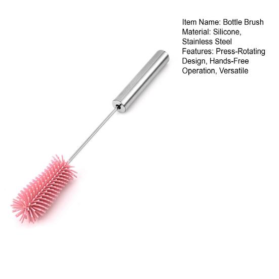 Silicone Bottle Brush with Stainless Steel Long Handle Press-Rotating Design Soft Bristle Cup Brush