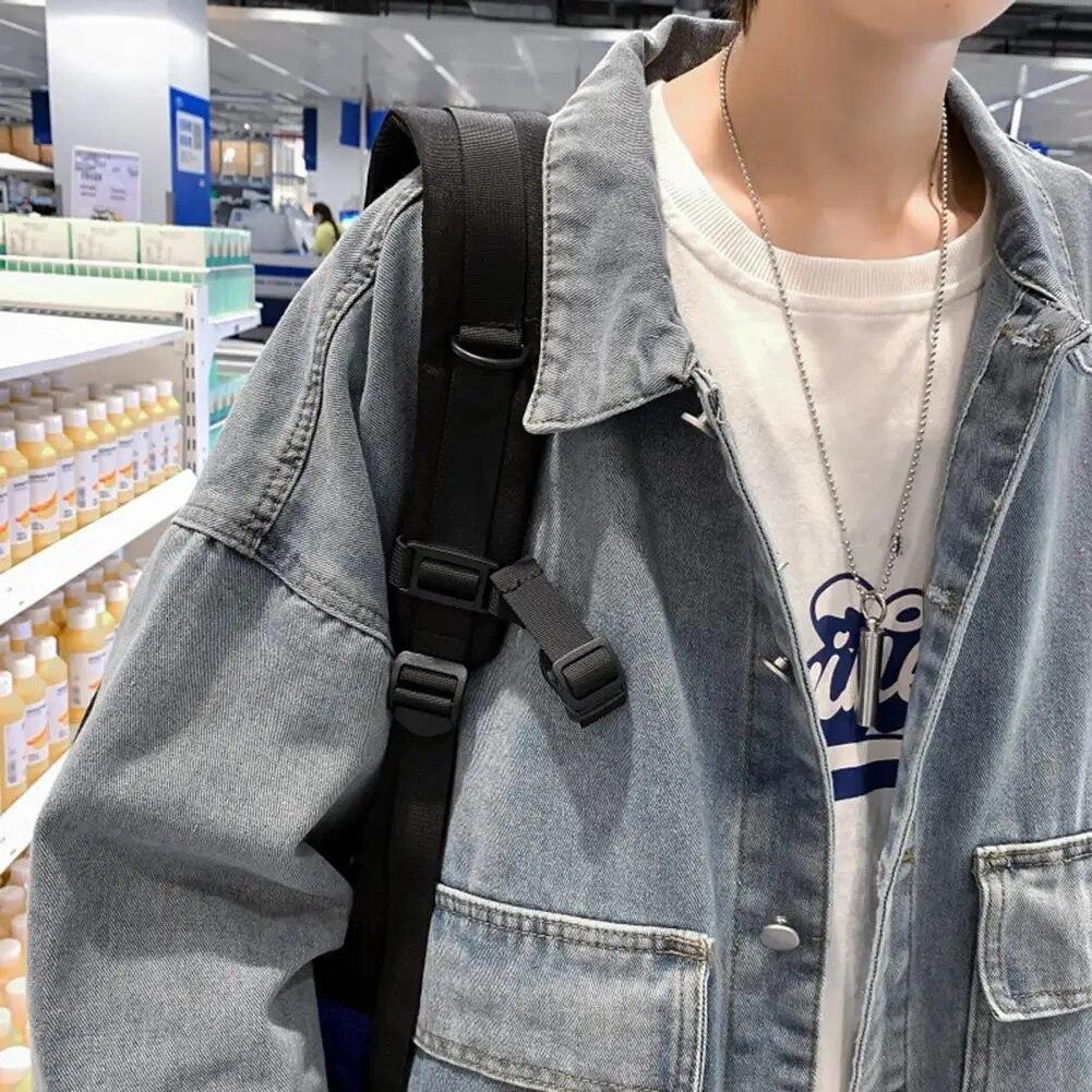 Men Denim Jacket Stylish Men's Denim Jacket Men Autumn Jacket Long Sleeves Thermal Buttons Pure Color Autumn Denim Jacket for Daily Wear