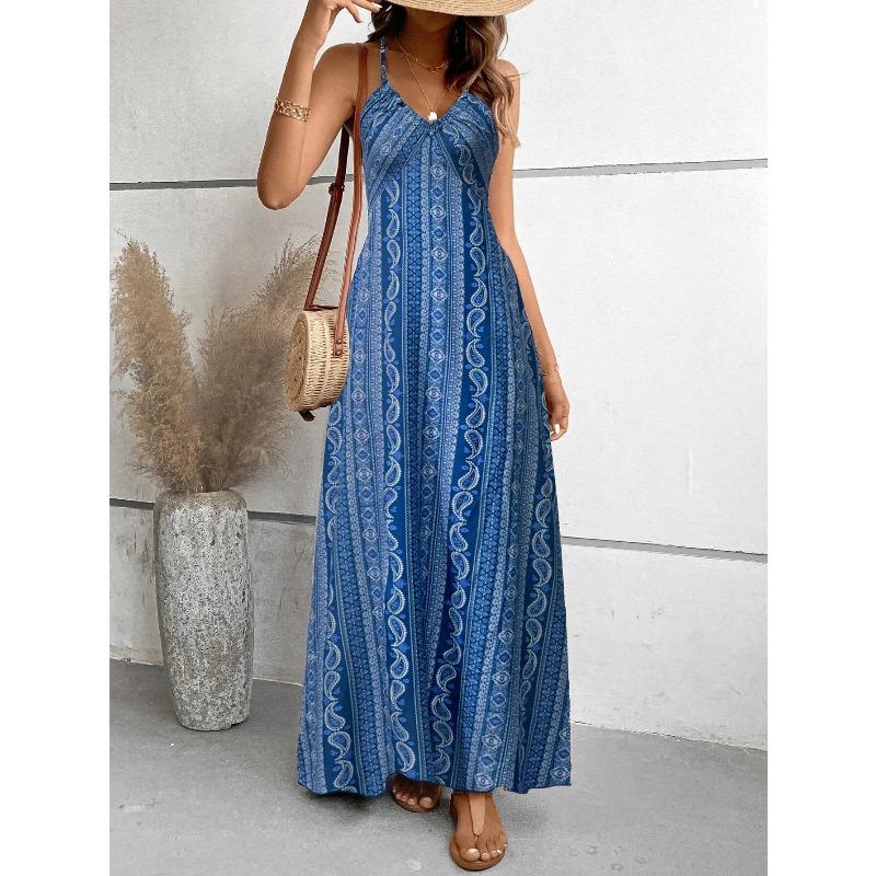 Women's Summer Ethnic Pattern Backless Split Thigh Dress Ladies Summer Clothes Fashion Frill Trim Long Dress Beach