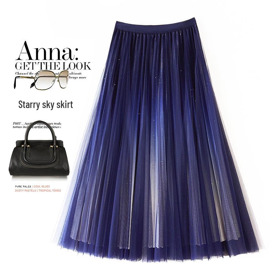 Women's Starry Sky Gradient Pleated Mesh Skirt 2026: Fashionable Slimming Long Skirt with Large Hem