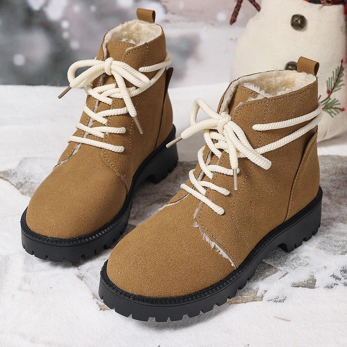 

Женские зимние ботинки на шнуровке с мехом на низком каблуке, зимние ботинки на щиколотку, женские ботинки на платформе, зимняя обувь на каблуке 35 имбирный