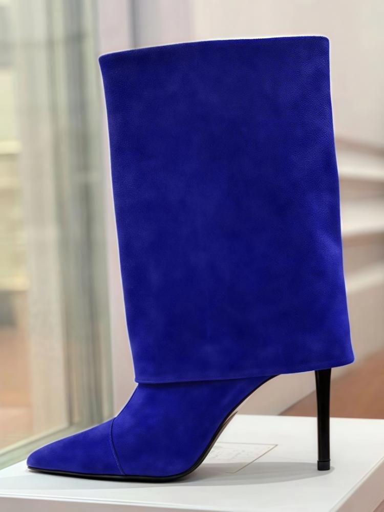 EU/US Suede Mid-Calf Boots - Pointed Toe Stiletto Heels Solid Color Over Pants Boots for Women Office Chic Winter Footwear