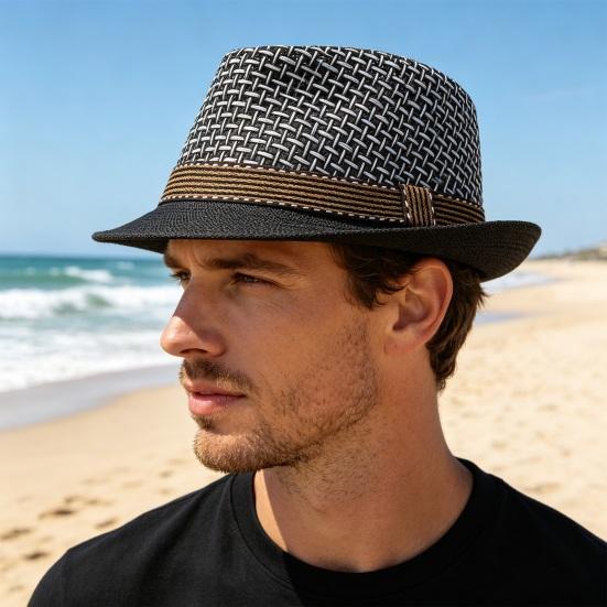 Jazz Hat Hollow Design Breathable Summer Sun Protection Hat with Ribbon Decor Wide Brim Straw Hat Outdoor Cycling Versatile Headwear