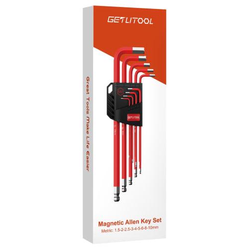 GETLITOOL 9-Piece Hex Wrench Set with Magnetic Long Head, S2 Steel, Metric (1.5mm-10mm) Long, Magnetic Hex Wrench Set