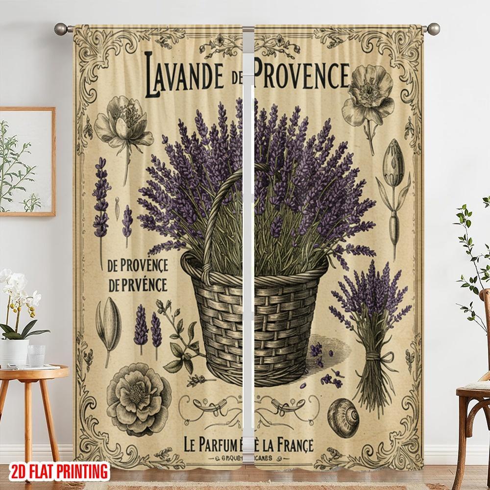 2pcs 2D Flat Printing Drapes Lavender Provence Basket Botanical Polyester Without Electricity Birthday Party Perfect for Holiday