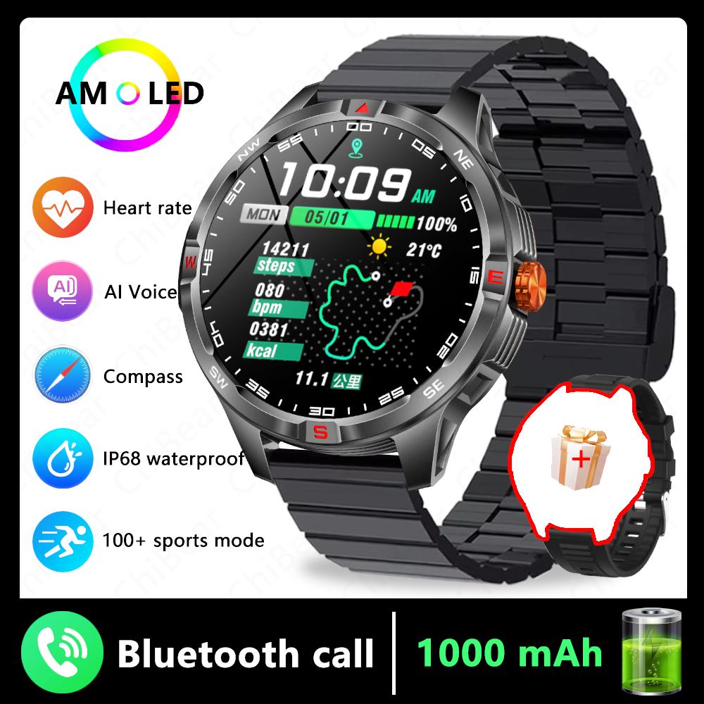 Sports Smart Watch Men Compass 1000mAh Large Battery Bluetooth Call 1.46 Inch Health Monitoring Waterproof Smartwatch  New