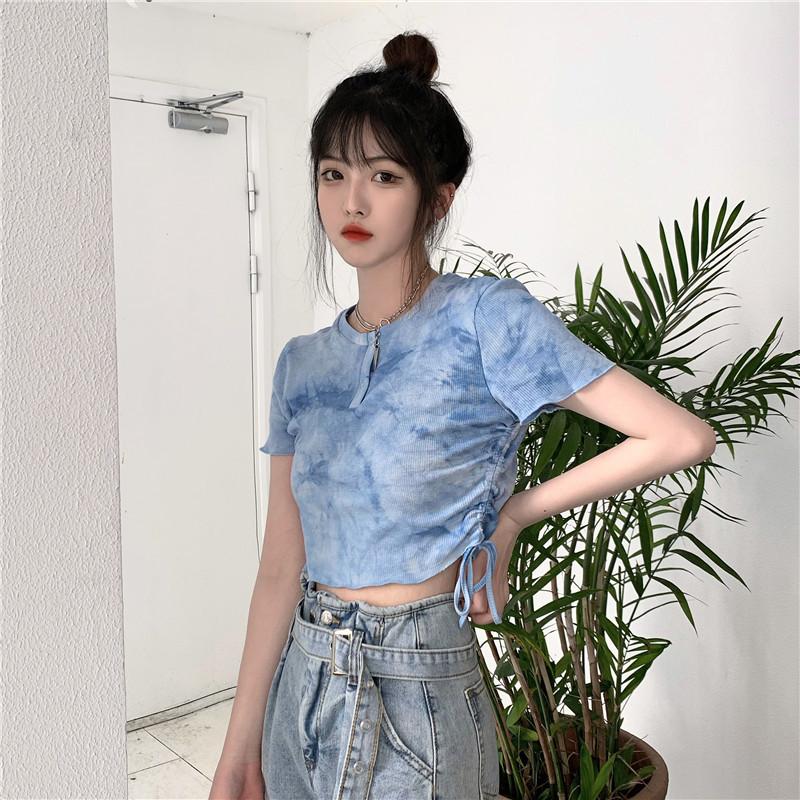 Design-sensory Letter Tie-dye Drawstring Short-sleeved T-shirt for Women's New Loose Short High-waist Top