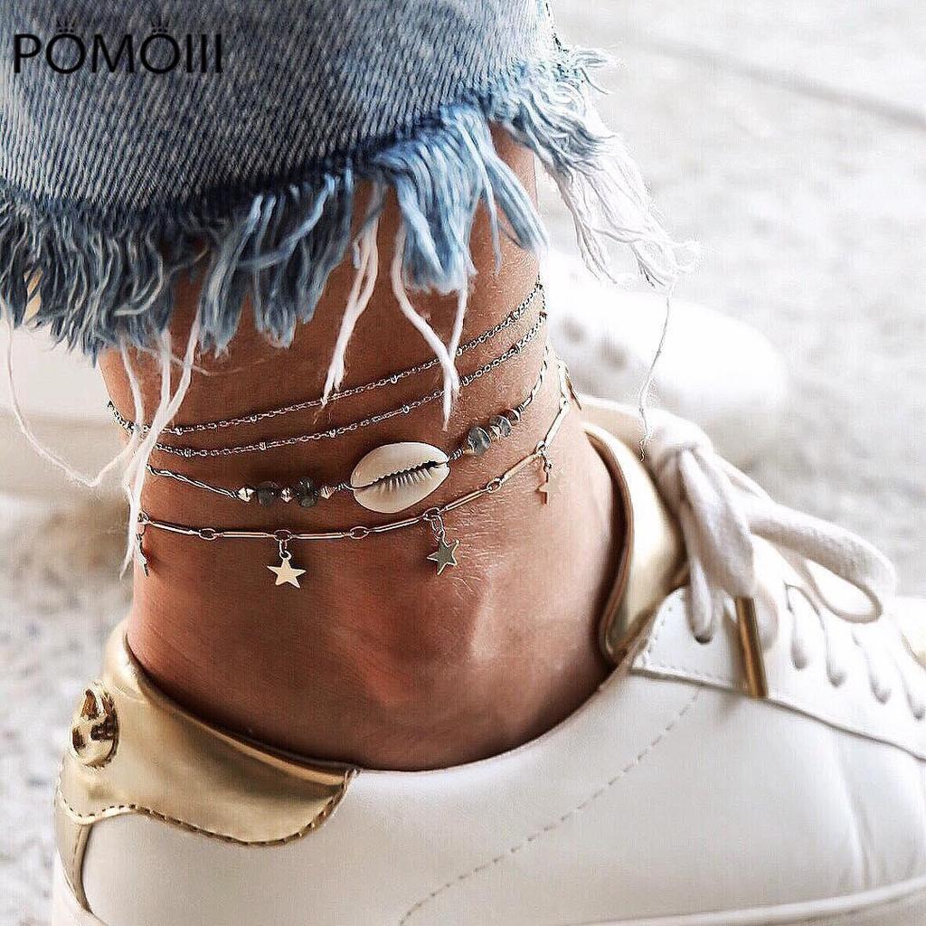 Boho Shell Star Beach Anklet Multilayer Silver Color Anklets Bracelets For Women Sandals Leg Chain Foot Jewelry Anckle Bracelets