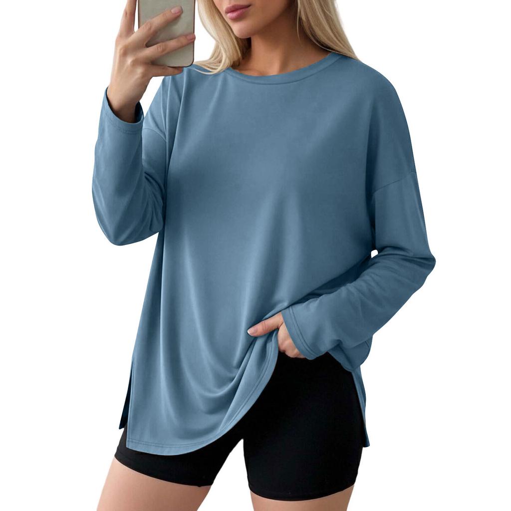 Women Casual Loose Fit Long Sleeve T Shirt Split Hem Crew Neck Plain Pullover Top Lightweight Comfortable Fabric