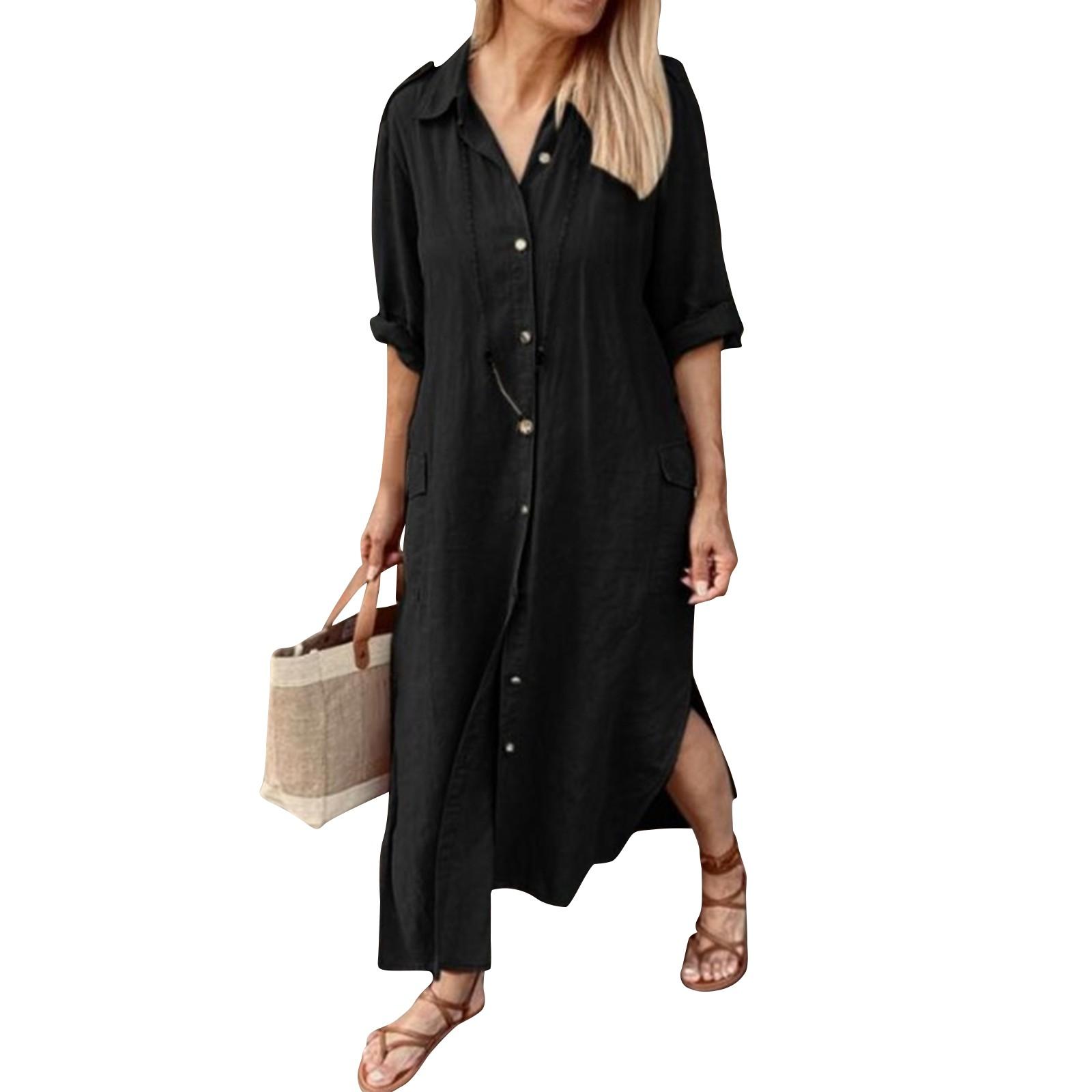 

Женское модное повседневное хлопковое льняное платье однотонное длинное платье с длинным рукавом M чёрный