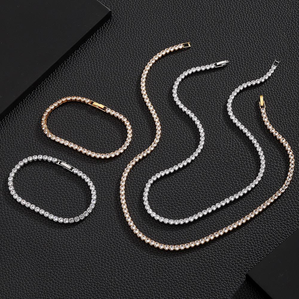 Unisex Hip Hop 4mm Zircon Necklace with Joker Diamond Chain Row Zinc Alloy Personality Tennischain Fashion Chain Link Bracelets