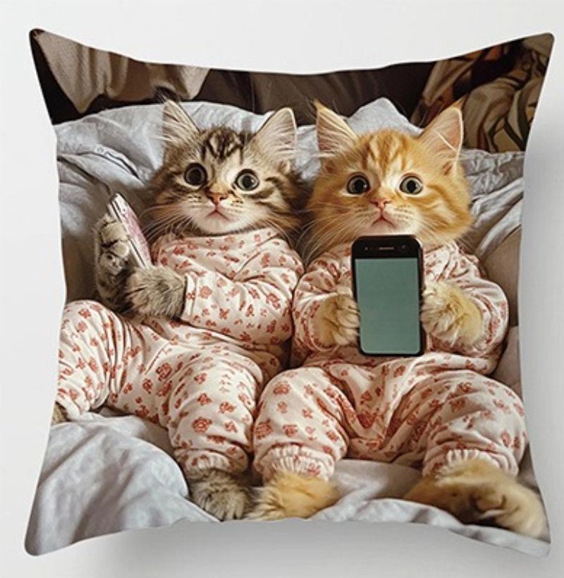 Moderne Katzen- & Smartphone-Druck Dekoratives Kissenbezug Reißverschluss Maschinenwaschbar Sofa Wohnzimmer Heimdekoration