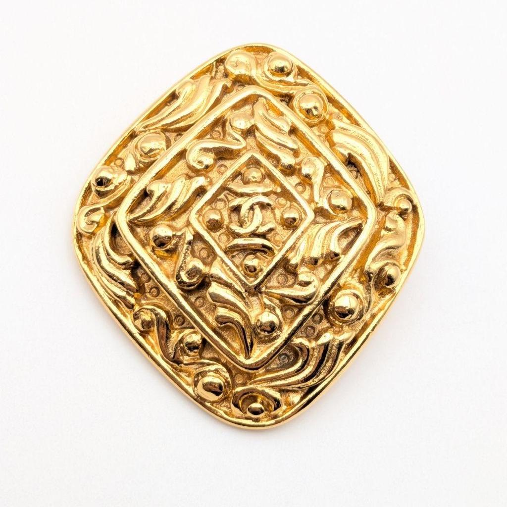 Used Excellent Condition Chanel Brooch, Coco Mark, Gold, Diamond Shape, Arabesque, Early Vintage