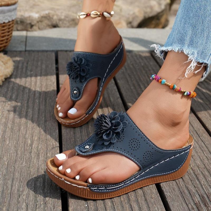 New European large size flower wedge slippers female beauty solid color retro flip-flops female
