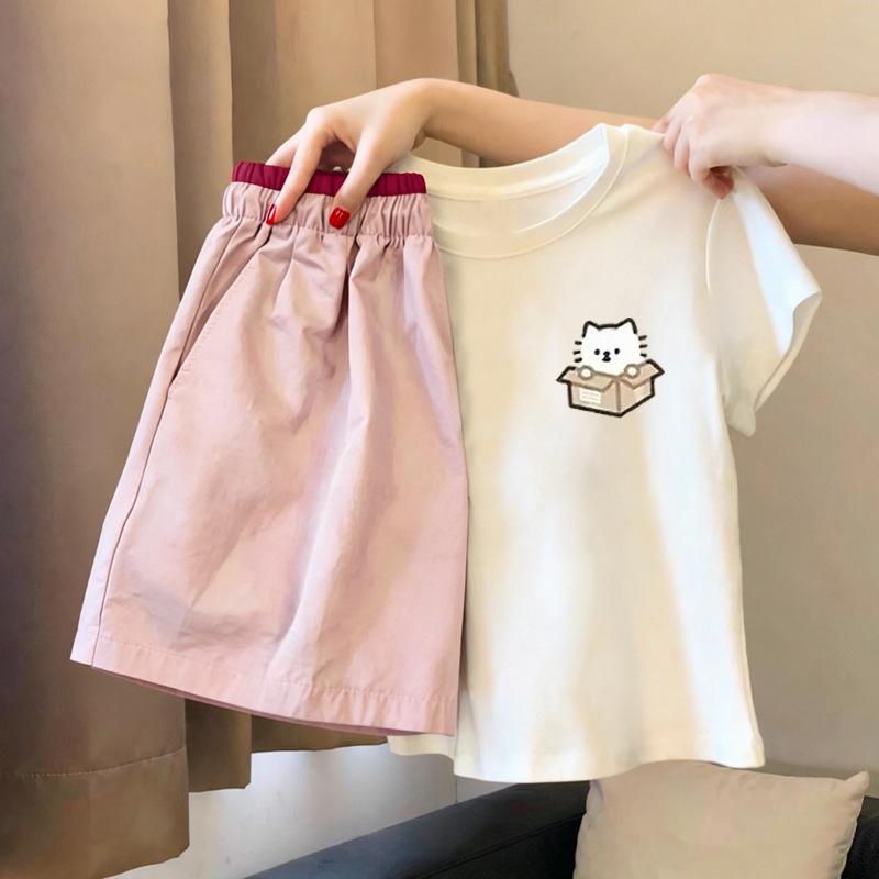 Girls' Stylish Cotton Short-Sleeve T-Shirt Set - Summer Korean Style for Middle & Big Kids