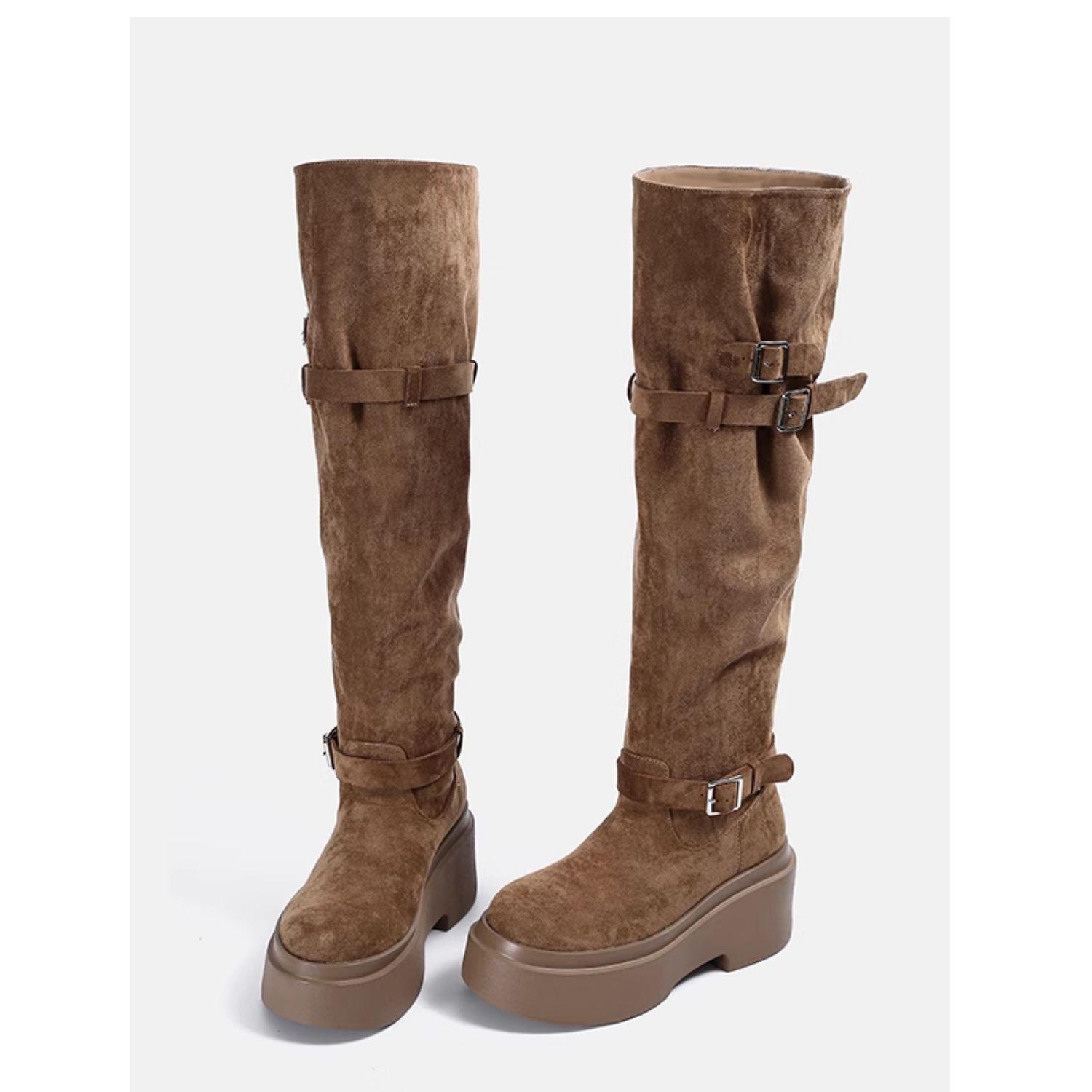 

Ретро ботфорты на толстой подошве с круглым носком для женщин 2025 новые с большим обхватом голенища плиссированные высокие сапоги модные сапоги с пряжкой для женщин 40 хаки