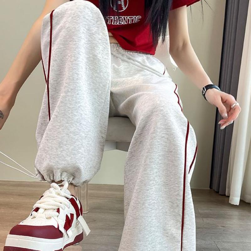 Gray Striped Sweatpants for Women - Spring Thin Edition High-Waisted Drapey Casual Loose Straight-Leg Cuffed Wide-Leg Joggers