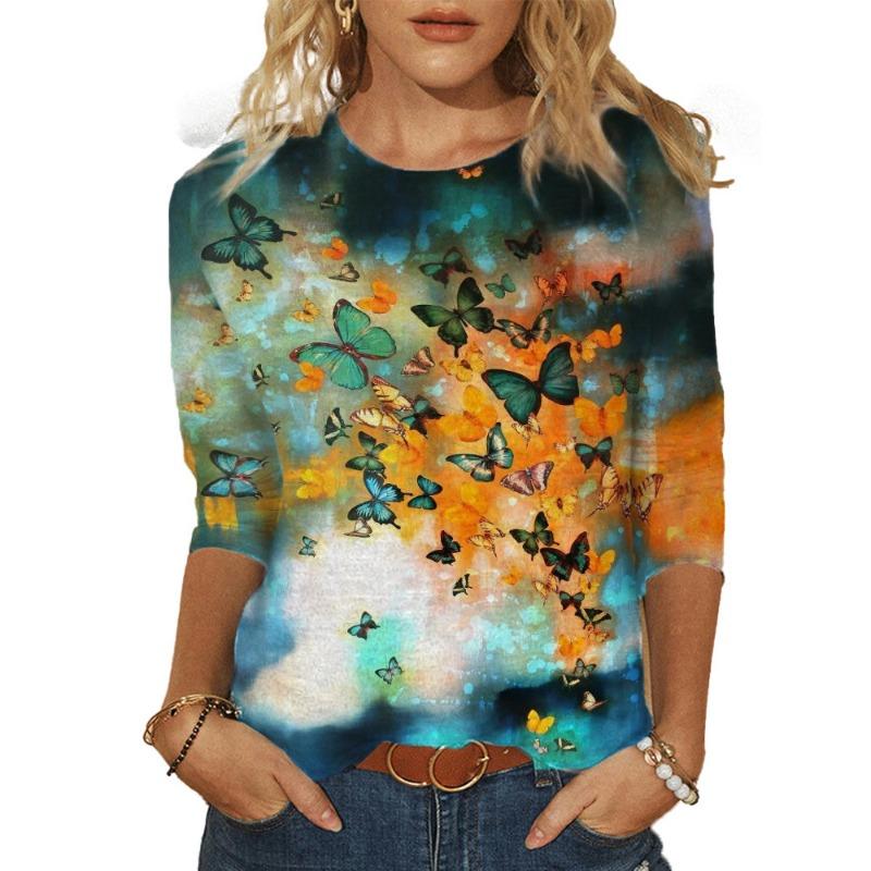 Herbst Rundhals T-Shirt Schmetterling Serie 3D Gedruckt Damen Bequemes Freizeit T-Shirt Top
