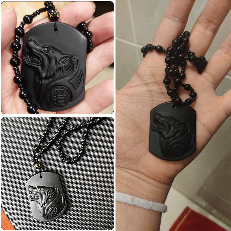 Natural Black Obsidian Carving Wolf Head Amulet Pendant Free Necklace Obsidian Blessing Lucky Pendants Fashion Jewelry