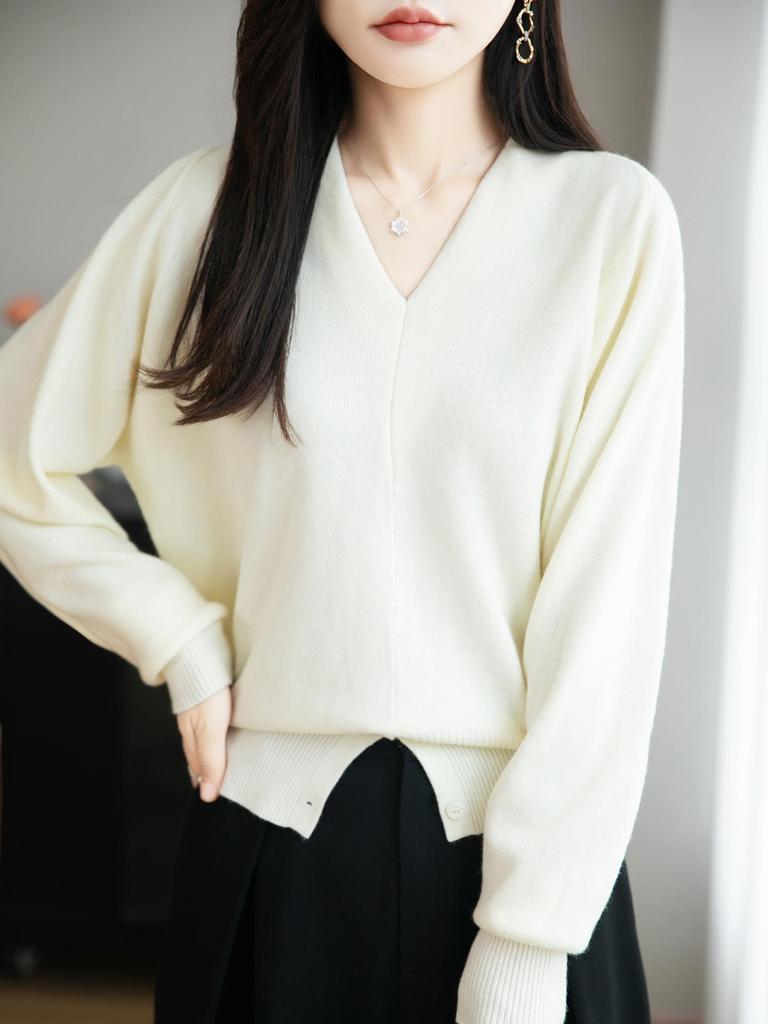 Women's Coffee Velvet V-Neck Knit Sweater – Autumn/Winter Korean Style Pullover Top