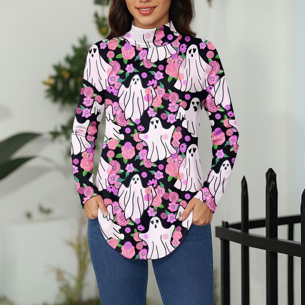 Tee Shirts For Women Fall Casual Long Sleeve Shirts Sweatshirt Vintage Printed High Neck Top Pullover
