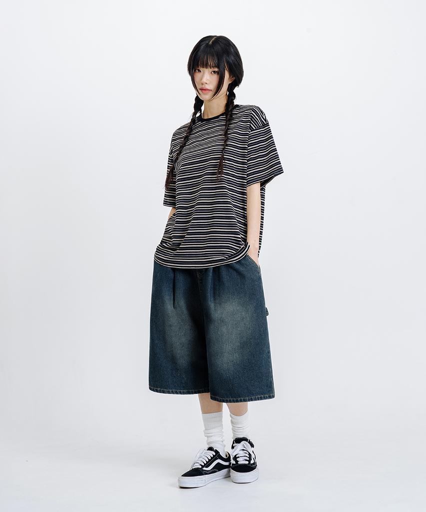 LEMAIN SECOND Bermuda Wide One-Pleat Carpenter Washed Denim Banding Shorts [Yellow Wash]