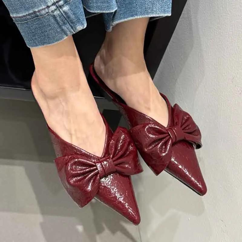 Fashion Bow Pointed Toe Women Slippers Flats Elegant Mules Shoes Luxury Women's Sandals 2025 Summer Fashion Slides Party New Woman Shoes